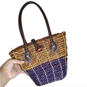 Vintage Boho Woven Basket Color Block Hand Bag